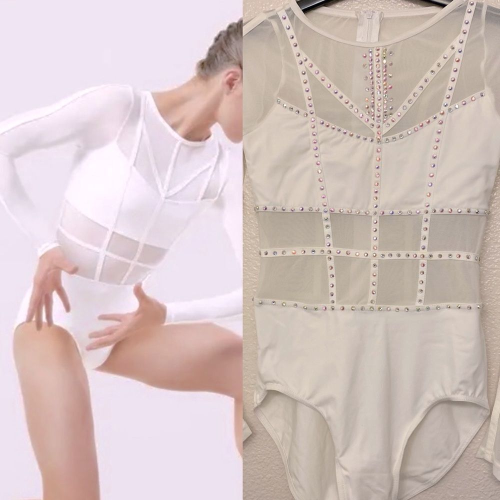 WEISSMAN Elite Dance Costume solo white caged mesh leotard Intention MT10574 LC